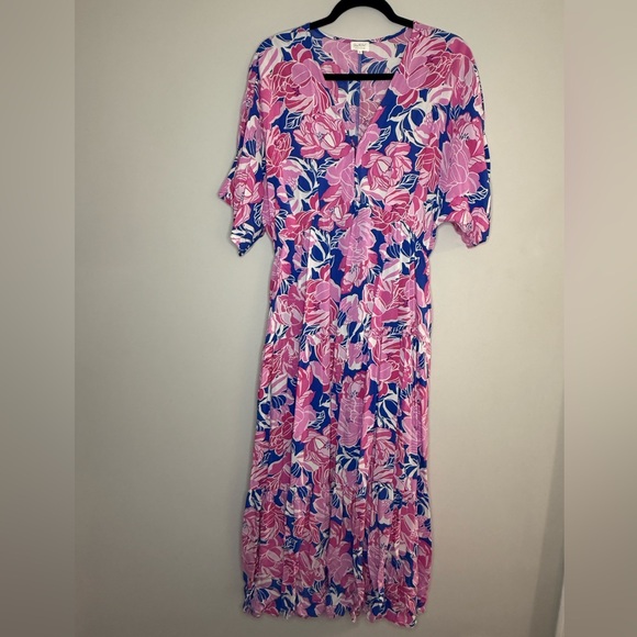 Shop The Mint Pink Blue Floral MaxiDress VNeck Short Sleeve Boho Resort Vacation - Picture 1 of 7
